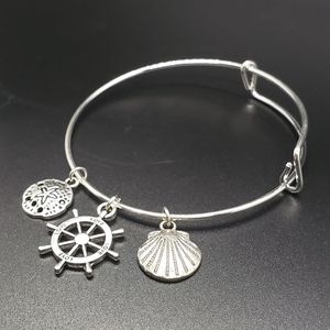 Love Ship Wheel Silver Bangle Bracelet